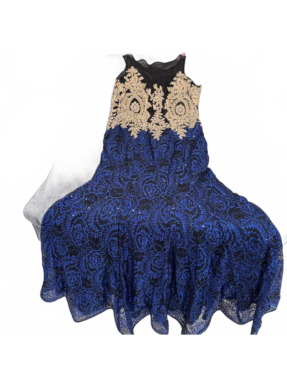 Fiesta Fashion XL Black Blue Lace Gown Gold Embroidery Sweep Train Formal